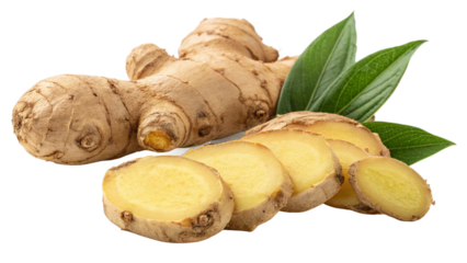 A fresh ginger root with several slices and green leaves, isolated on transparent background