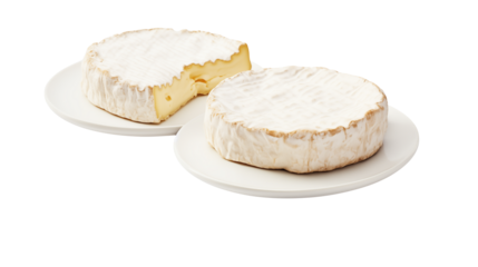 Two wheels of brie cheese on white plates with one wheel having a slice removed from it on white background