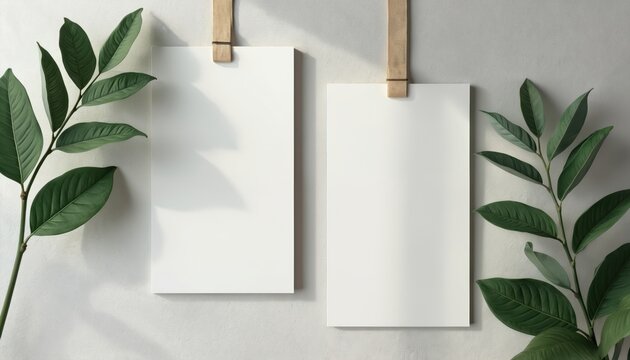 Two blank white cards hang on a textured wall with wooden clips. Green leafy branches flank the cards, casting soft shadows. This clean, minimalist scene offers ample copy space for design.