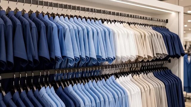 Clothing store display featuring rows of mens polo shirts in various shades of blue white and beige on hangers