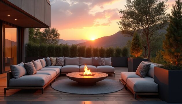 Modern patio with sectional sofa, fire pit offers scenic mountain views at sunset. Cozy outdoor seating area with elegant furniture, plants creates peaceful atmosphere for relaxation, gatherings.