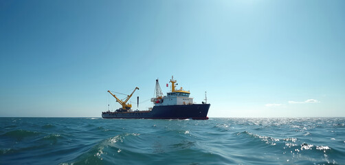 Heavy industrial vessel, equipped with large crane, travels calm blue ocean on clear sunny day. Large dredger ship navigates open sea, performing vital maritime construction, port channel
