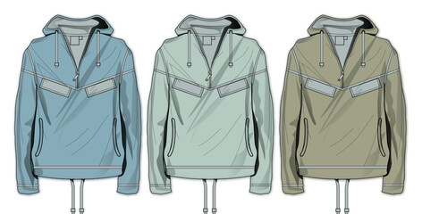 Collection of hooded anorak windbreaker jacket technical flat sketches showing different color variations for apparel design © Tasnia