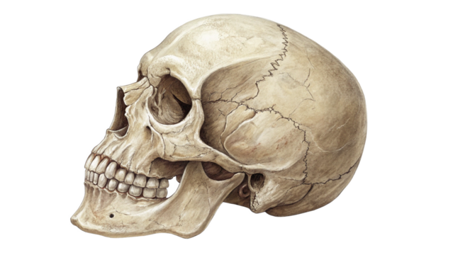 A detailed illustration of a human skull, showing its bony structure and features, isolated on transparent background