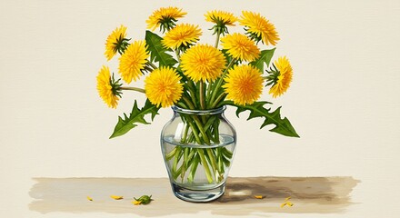 A vibrant watercolor painting of dandelions in a transparent vase on a neutral background