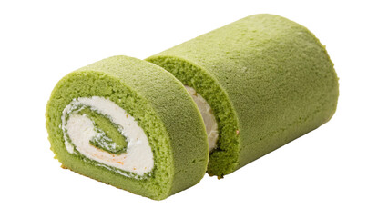 Two slices of green matcha swiss roll cake with cream filling, isolated on a transparent background