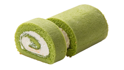 Two slices of green matcha swiss roll cake with cream filling, isolated on a transparent background