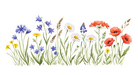 A vibrant watercolor painting showcases a field of wildflowers with a white background