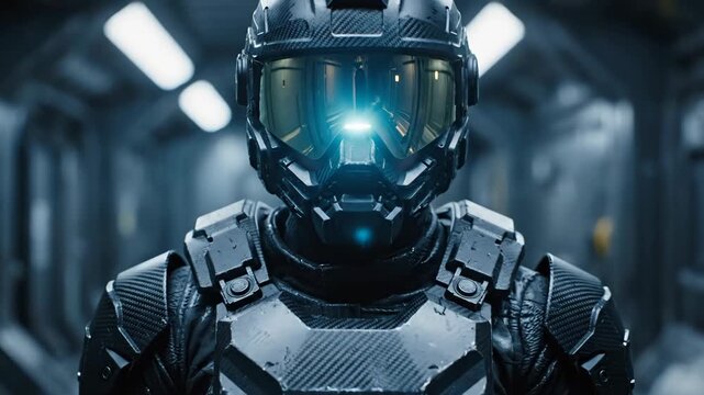 Portrait of a futuristic super soldier in advanced combat armor standing in a spaceship corridor with a glowing blue visor