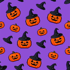 Pixels Spooky Halloween Pumpkin with Witch Hat  Seamless Pattern Illustration