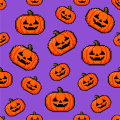 Pixels Spooky Halloween Pumpkin Seamless Pattern Illustration