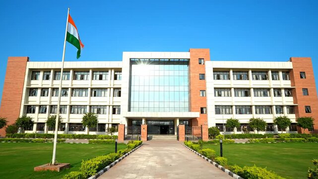 Exterior of a modern indian school building with landscaped grounds under a sunny sky symbolizing education