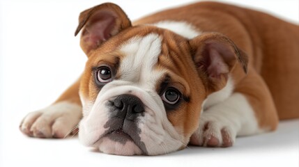 Obraz premium Cute bulldog puppy relaxing on a white background during a calm afternoon