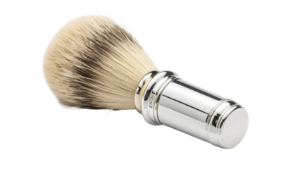 A shaving brush with a silver handle and natural bristles, isolated on transparent background