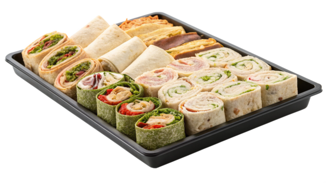 A platter of assorted finger food wraps and pinwheels isolated on transparent background
