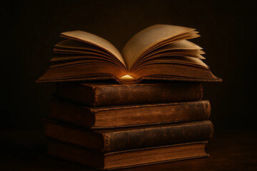 Knowledge Power – Stack of Open Books with Glowing Light Between Pages