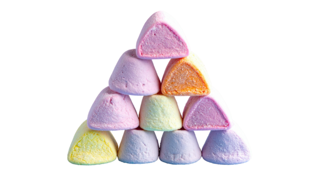 Stack of multi-colored, rounded-triangle marshmallows form a pyramid against a black background