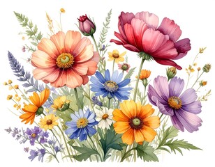 A vibrant watercolor painting of various colorful wildflowers in full bloom