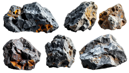 Six gray porous rocks with hints of orange accents are isolated on a black backdrop in a well-lit composition