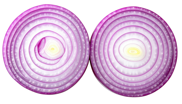 Two halves of a red onion, showing concentric rings, against a black background. Bright light shines through them