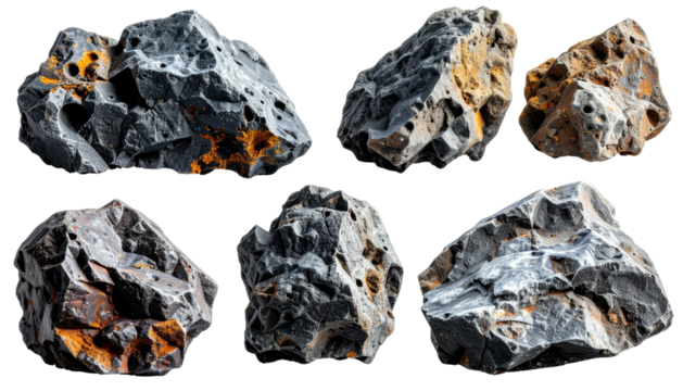 Six gray porous rocks with hints of orange accents are isolated on a black backdrop in a well-lit composition - Powered by Adobe