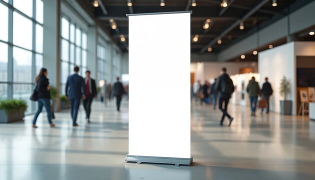 Blank vertical banner stands in busy exhibition hall. People walk past, blurred in background. Use for trade show promotion or event advertising displays.