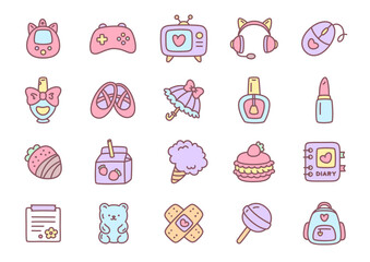 Girly icon set. Cute pastel collection with gaming accessories, beauty items, sweets and lovely objects on white background. Kawaii stickers  in pink and lavender tones. Vector 10 EPS.