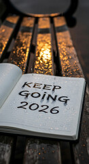 Keep Going 2026 message in notebook sitting in the rain