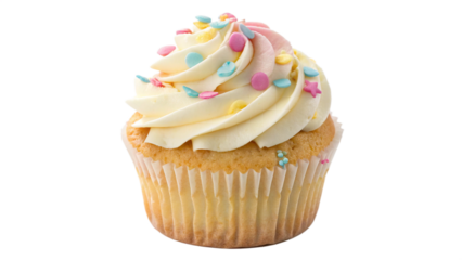 A delicious vanilla cupcake topped with creamy white frosting and colorful sprinkles, presented in a fluted paper liner, isolated on transparent background