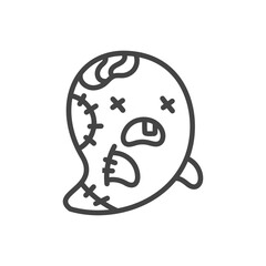 Cute zombie ghost icon. Spooky halloween spirit with zombie face and stitches, creepy yet funny. Monochrome doodle illustration isolated on white background. Kawaii sticker. Vector 10 EPS.