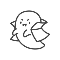 Cute vampire ghost icon. Little spirit dressed as vampire with cloak and fangs. Funny spooky character for halloween party design. Kawaii sticker. Vector 10 EPS.