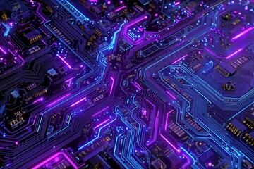 Dynamic neon purple and blue cyberpunk circuit pattern design showcasing intricate electronic circuitry and modern technology