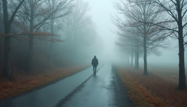 Solitary human figure walks alone on dark, wet asphalt road, disappearing into dense, early morning fog. Bare autumn trees line mysterious path. Thoughtful silhouette moves away into distant, cold,