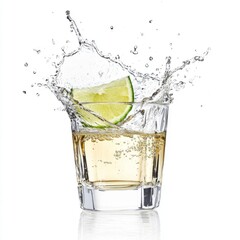 Glasses shot of tequila making toast with splash isolated on white background, Photo