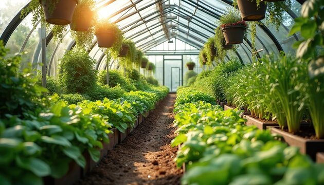 Rows of green plants grow inside a greenhouse tunnel. Sunlight streams through the glass ceiling illuminating the rich foliage. The garden is tidy with hanging pots overhead.
