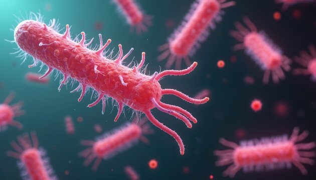 Microscopic view of red spiral bacteria with flagella. Tiny organisms float in dark blue water. Pathogenic microbes multiply, causing infection and disease. Scientific 3d render.