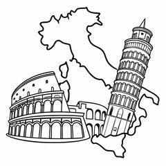 Line drawing of Italy with famous landmarks including Colosseum and Leaning Tower  