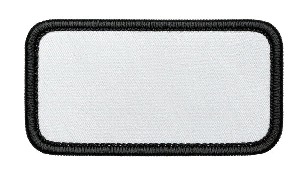 A blank rectangular white patch with a black embroidered border on a transparent background, ready to be customized