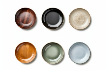 Large set of empty plates and bowls isolated on transparent background, top view. photo.