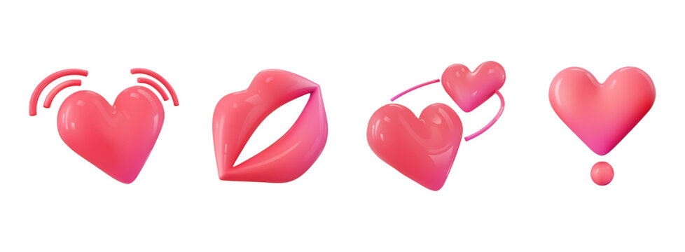 3d emoji beating heart, kiss mark, revolving heart and Heart Exclamation icon illustration