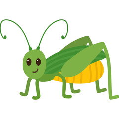 Pixelated illustration of a green grasshopper with large antennae and black eyes set against a transparent background