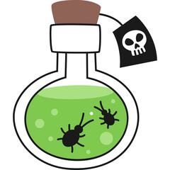 Poison bottle with green liquid and insects inside with a skull tag hanging from the cork representing danger and Halloween celebration