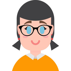Pixelated Portrait of a Young Woman with Dark Hair and Glasses Wearing an Orange Shirt and White Collar Smiling Happily Against a White Background Minimalist Digital Art