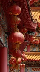 Fototapeta premium A detailed low-angle shot of traditional red paper lanterns with golden tassels, suspended under the ornate, multi-layered eaves of an Asian temple, showcasing intricate architectural details 