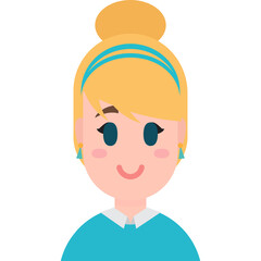 Portrait of a blonde woman with blue eyes and pink cheeks wearing a blue collared shirt and teal earrings with a teal headband in her hair a joyful expression 