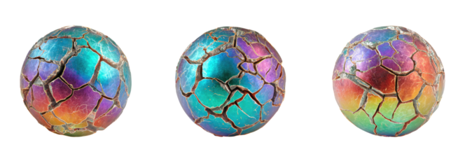 Three iridescent, cracked, spherical objects, displayed side-by-side against a dark background