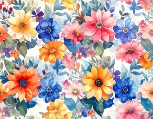A vibrant watercolor pattern featuring a colorful arrangement of assorted flowers and leaves