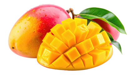 A mango and cut mango chunk with green leaves against black background. The mango is splashed with droplets