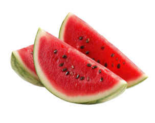Three juicy, ripe watermelon slices, showing off their vibrant red flesh and scattered black seeds against black backdrop
