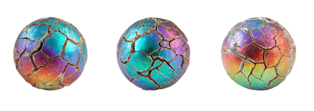 Three iridescent, cracked, spherical objects, displayed side-by-side against a dark background